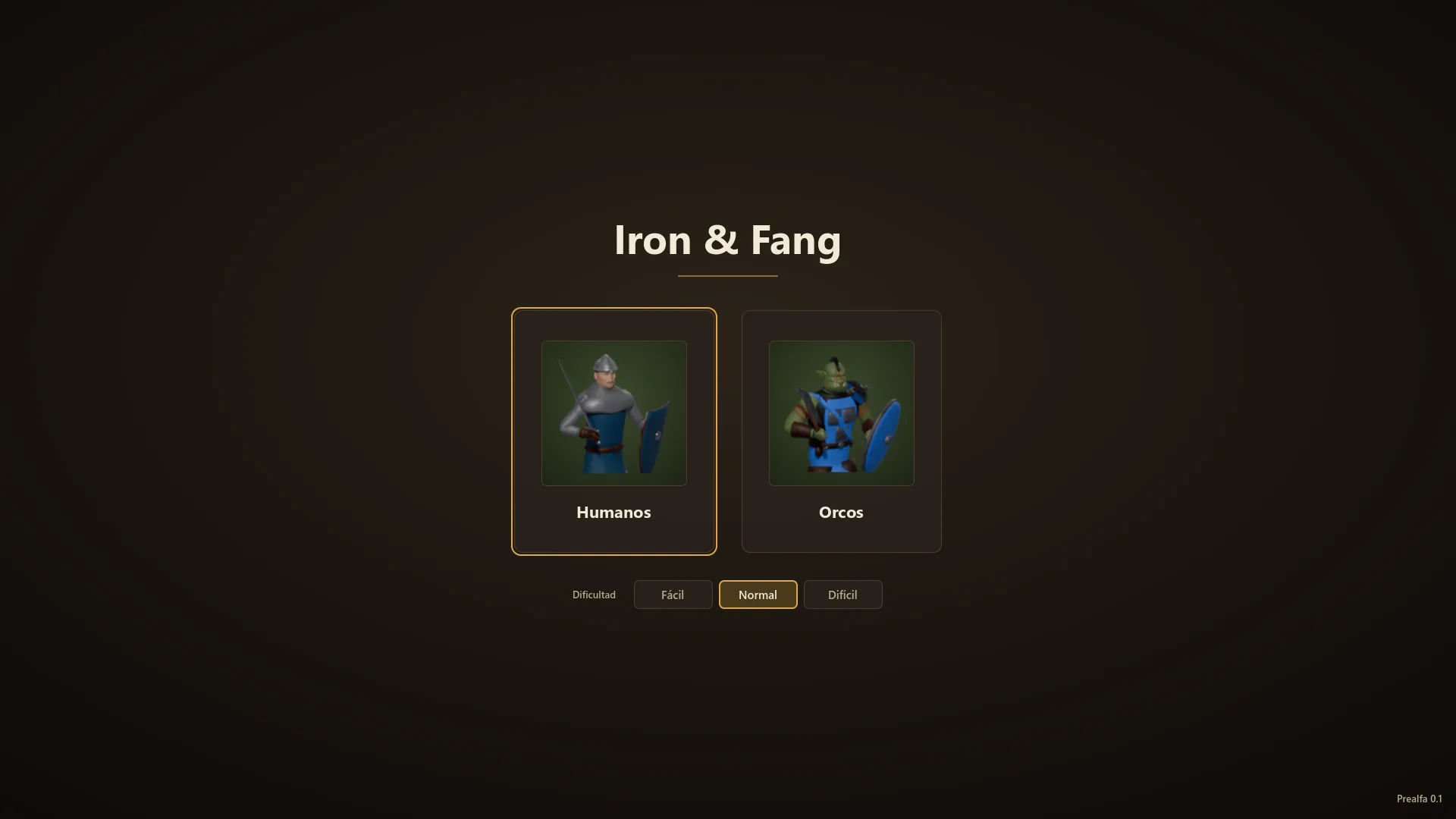 Pantalla de inicio: el título Iron & Fang, las tarjetas de Humanos y Orcos con Humanos resaltada, y los botones de dificultad Fácil, Normal y Difícil con Normal elegido.