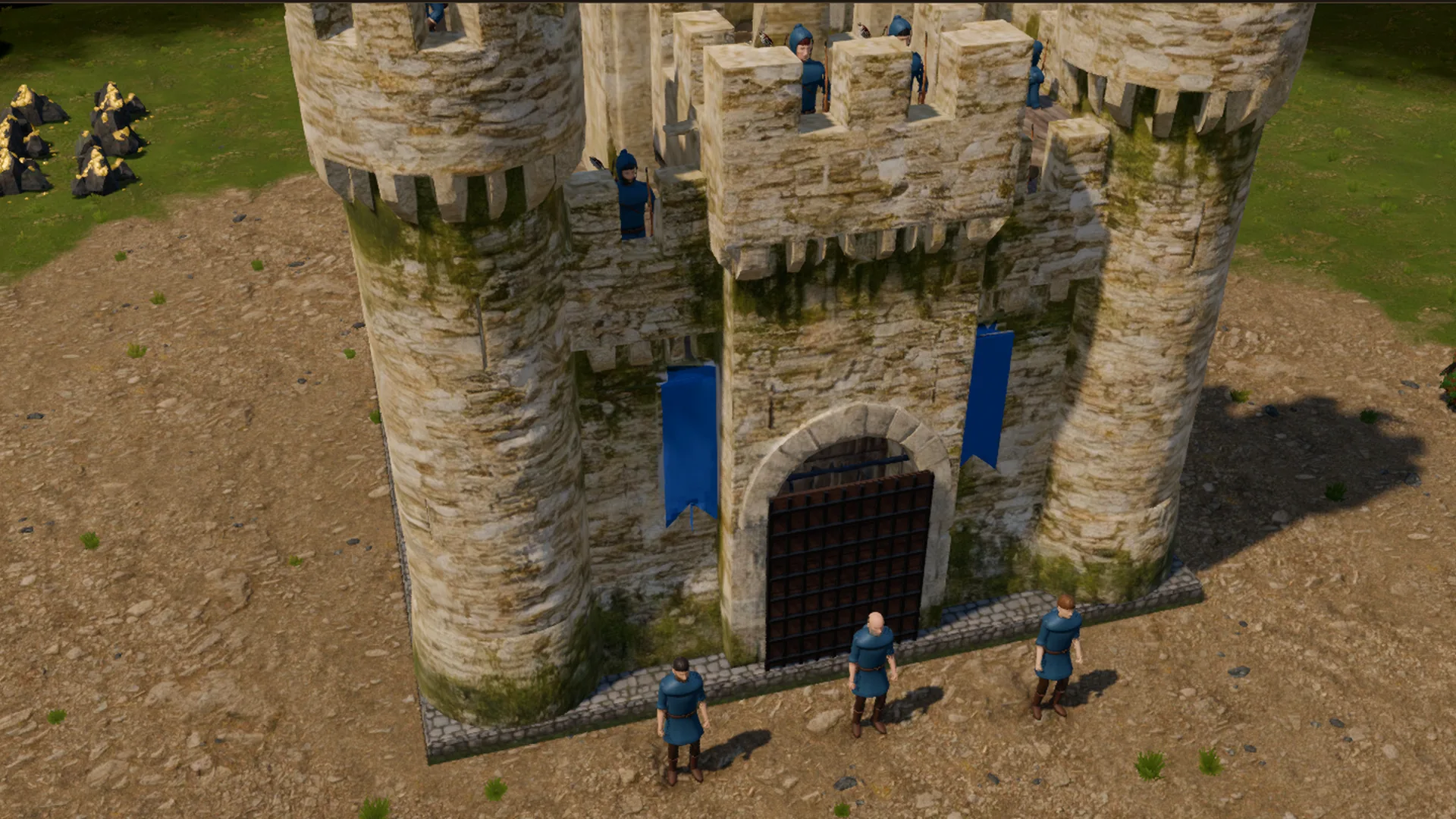 Castillo de piedra cálida con torres redondas, portón con rastrillo y pendones azules, con tres trabajadores delante.