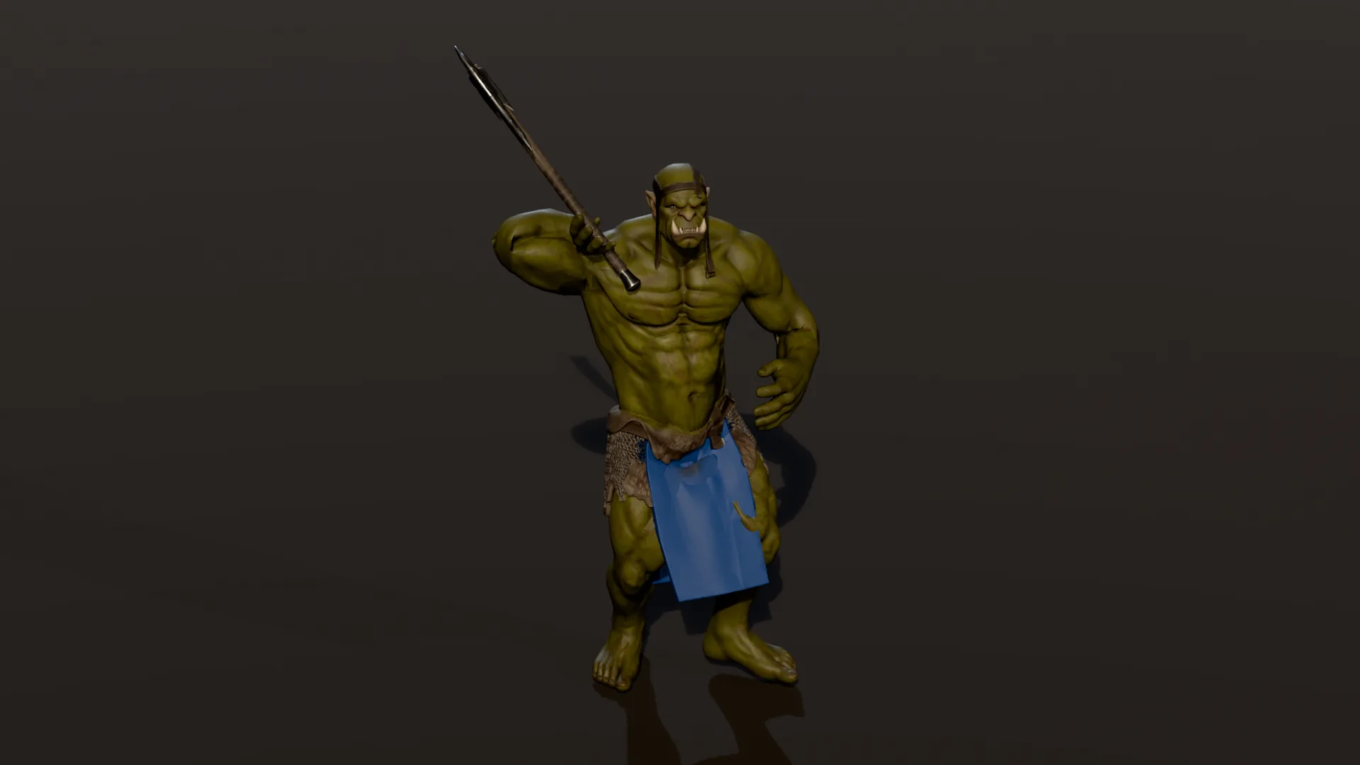 Guerrero orco de piel verde, musculoso, con paño azul colgando del cinturón, levantando un hacha de un solo filo.