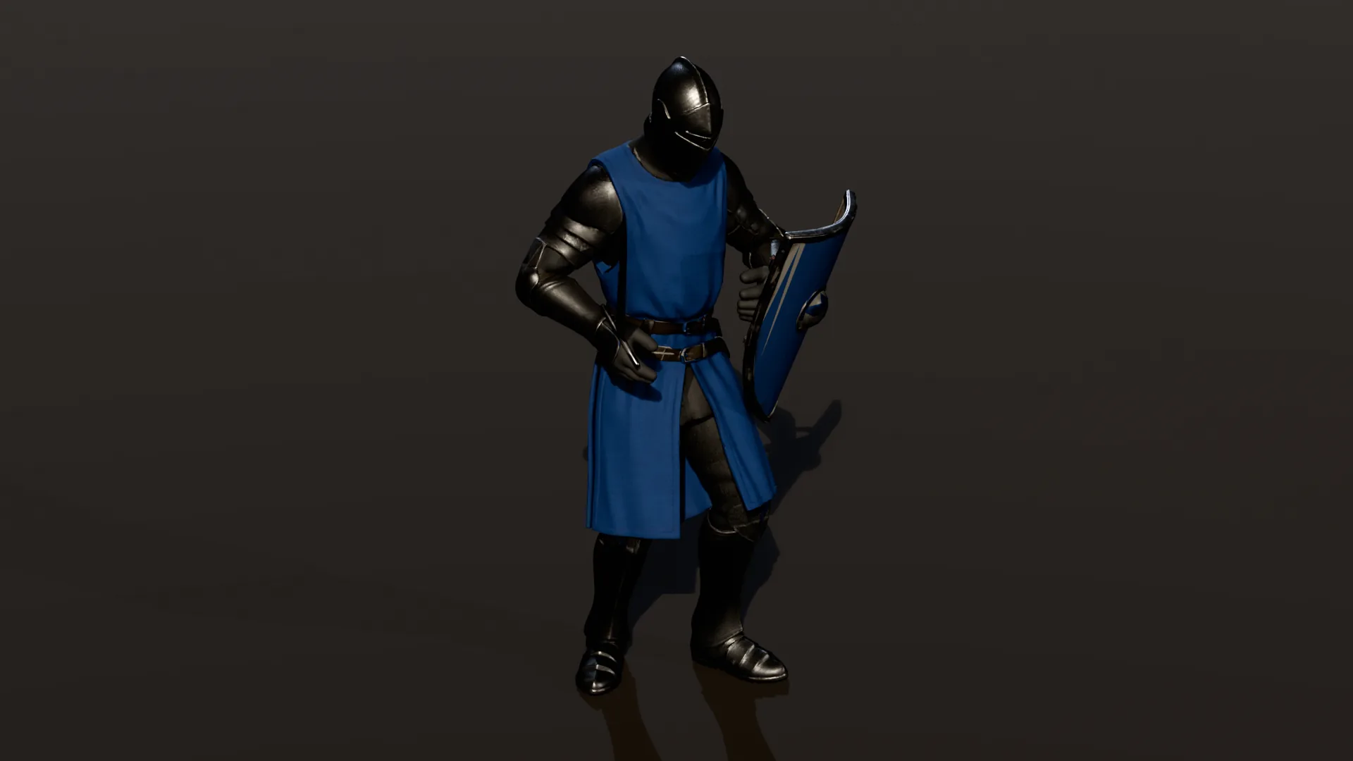 Infante humano de pie con armadura de placas oscura, yelmo cerrado, tabardo azul, espada y escudo de lágrima azul con borde de acero.