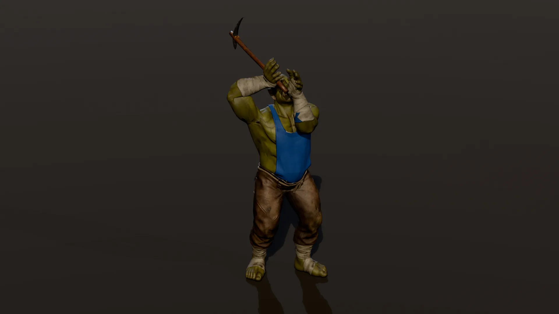Peón orco de piel verde con delantal azul, pantalón de cuero y vendas en brazos y tobillos, levantando un pico.