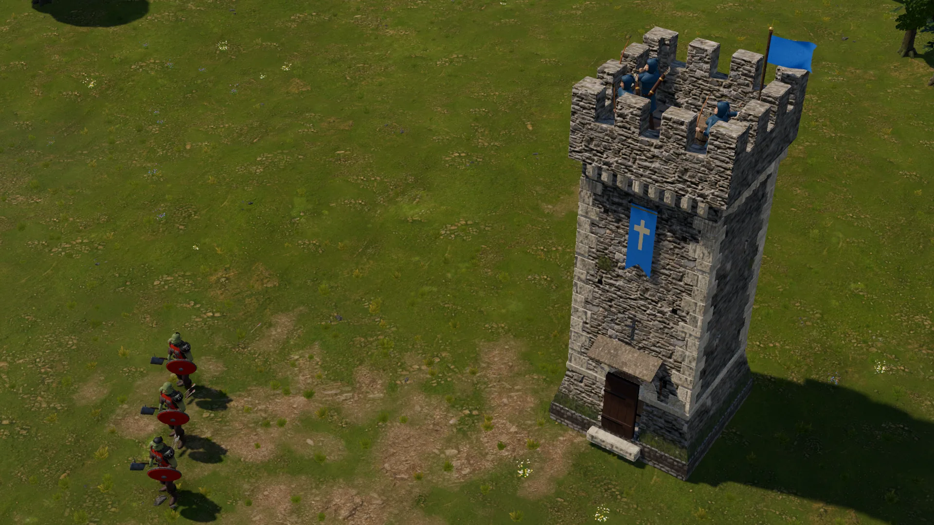 Torre de piedra con arqueros en el parapeto y tres guerreros orcos con escudo rojo a unos pasos, a la izquierda.