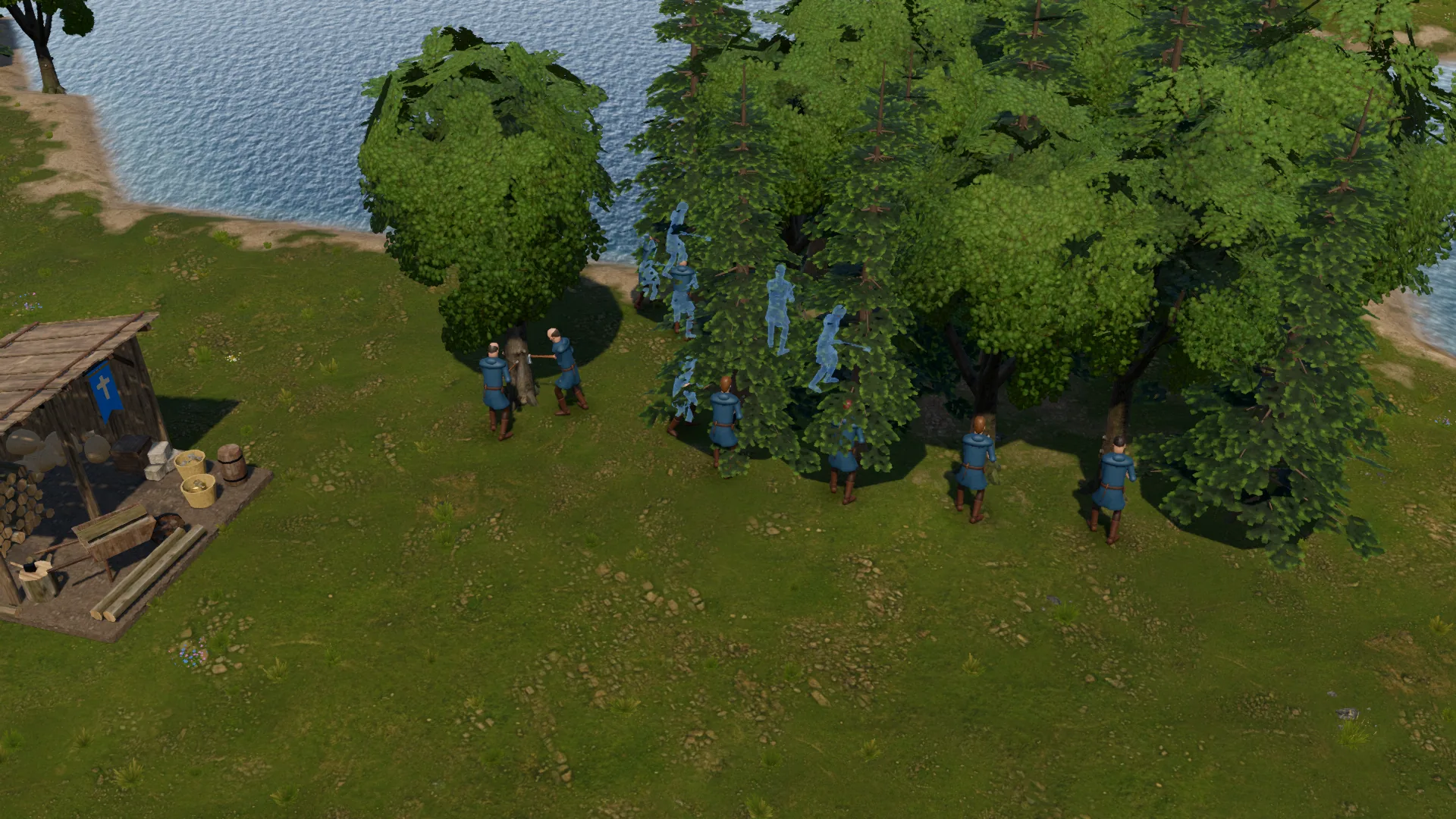 Leñadores humanos repartidos entre los árboles de un soto, junto a un campamento de madera y un lago.